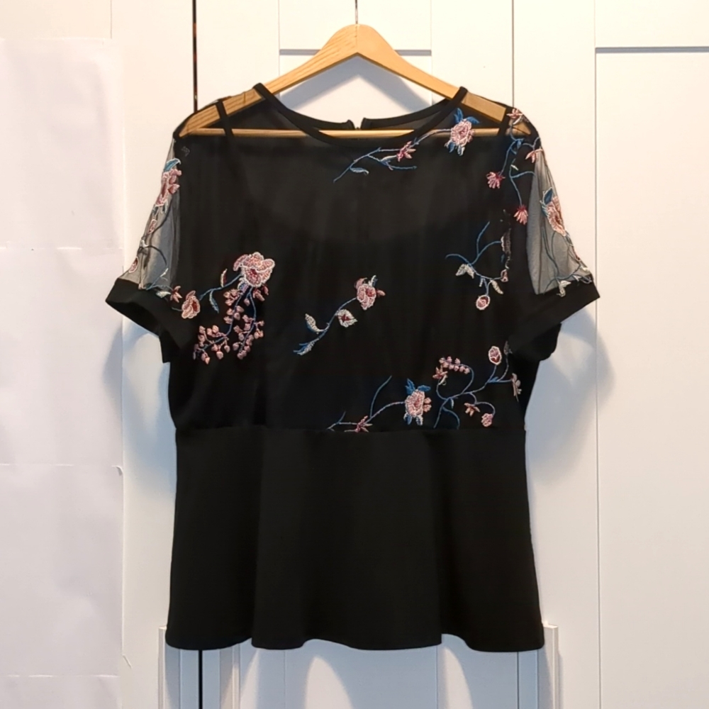 Embroidered Flower Mesh Black Top